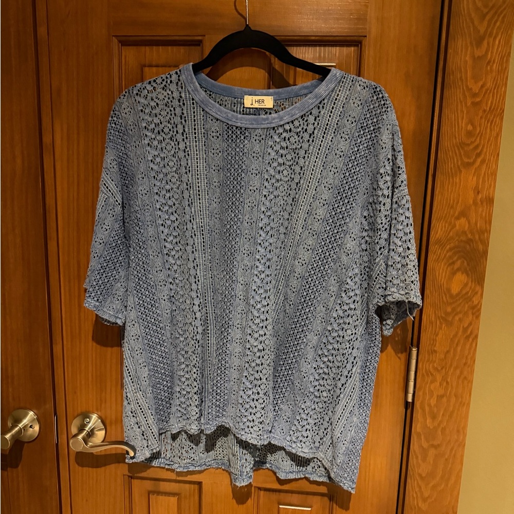 J.Her Blue Crochet Knit Short Sleeve Top